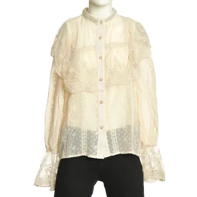 Bluza ivory cu dantela si guler decorat cu perle