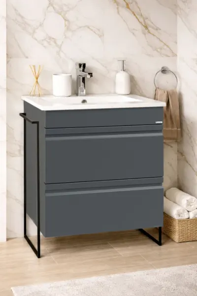 Set Baza front MDF si Lavoar seria 086, cadru metalic, cu sertare, montata, 60 cm, antracit