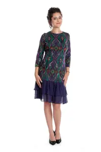 Rochie bordura volane CT23060 bleumarin/imprimeu pastel, Cesy | marimea S