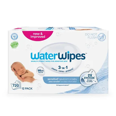 Set 12 pachete servetele umede, Water Wipes, Pentru bebe, Biodegradabile, Apa, extract de fructe, 60 de bucati/pachet, Pentru ingrijire 100% naturala, Fara alcool, plastic si parfum, 720 bucati