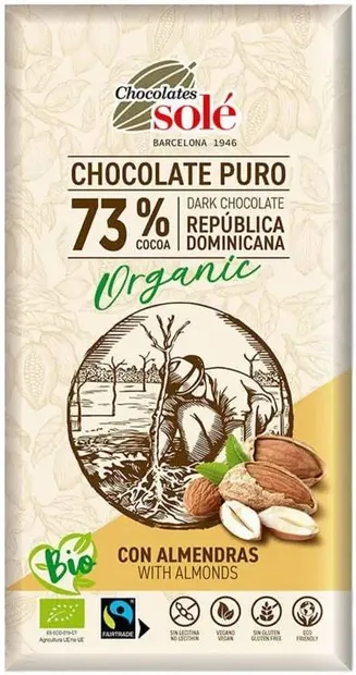 Ciocolată neagră organică cu migdale, 73% cacao, 150 g, Chocolates Solé
