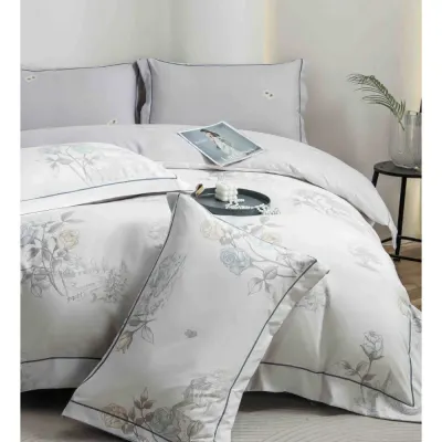 Lenjerie pat dublu, FINET DeLuxe, 6 piese, cu ELASTIC, Jojo Home, Cutie Eleganta, Gri, Flori