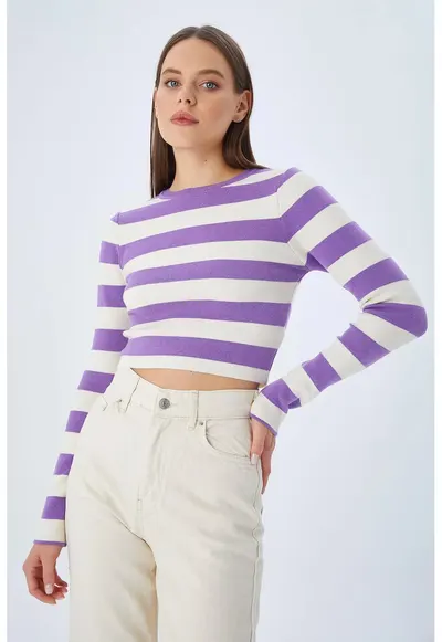 Pulover tricotat HiCCUP - dungi - mov deschis - tricot