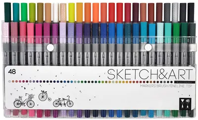 Markere cu două capete Bruno Visconti Sketch&Art - Pensulă + tuș fin, 48 culori