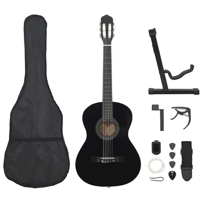 vidaXL Set de chitară clasică începători, 12 piese, negru, 4/4 39"