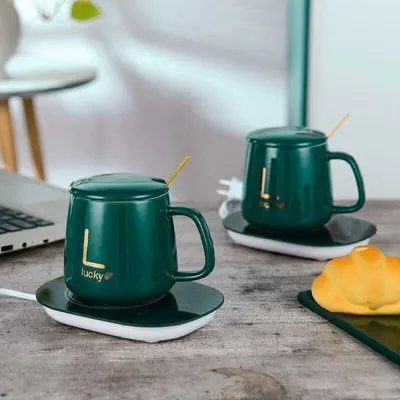 Oferta 1+1, Cana din ceramica si suport pentru mentinere calda, 350 ml