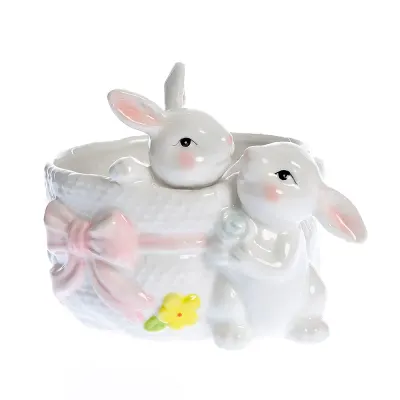 Bol decorativ din ceramica cu funda roz si doi iepurasi 19 cm