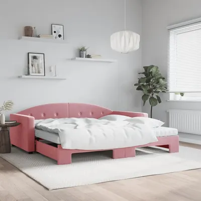 Gossi pat de zi cu extensie si saltea, roz, 100x200 cm, catifea