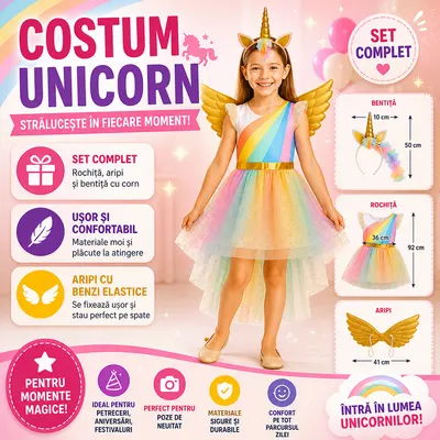 Costum De Halloween Pentru Copii, Unicorn, Marime 130-140, 6-8 Ani, Tinuta Completa, Material Moale, Aspect Atractiv, Universal