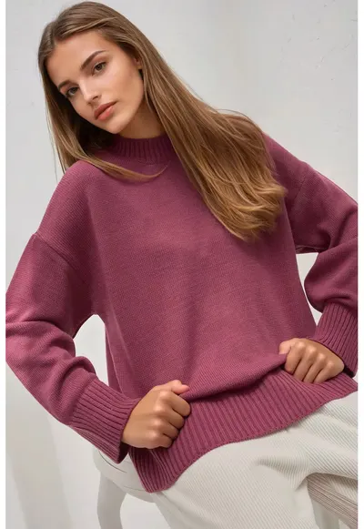 Pulover dama guler rotund - confortabil - roz prafuit - tricot