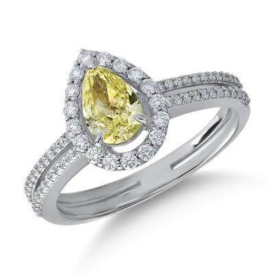Inel din aur alb cu diamant fancy multicolor pear de 0.7ct si diamante transparente de 0.3ct
