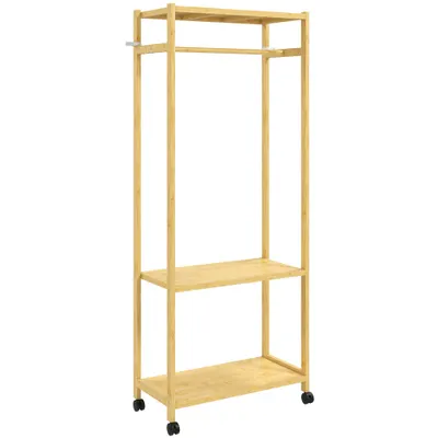 HOMCOM Cuier de Podea cu Bară și 4 Roți, Economisire Spațiu, Cuier din Bambus cu Rafturi Inferioare, pentru Dormitor, Hol, 70x35x175 cm, Lemn Natural | Aosom Romania