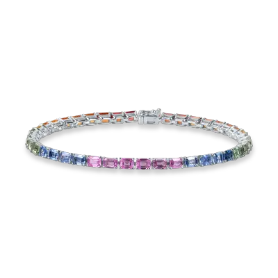 Bratara tennis din aur alb cu safire multicolore rectangulare de 10.9ct