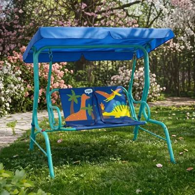 Balansoar de grădină pentru copii cu acoperiș, model Dinozauri, 2 locuri, cadru metalic, albastru, 115x74x110 cm