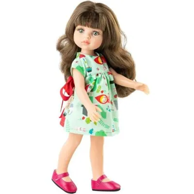 Papusa Carol, 32 cm, in rochie verde cu funda rosie - Amigas, Paola Reina
