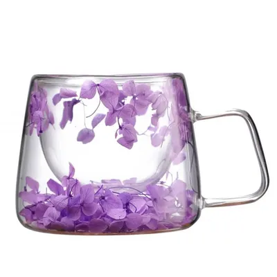 Cană cu flori uscate, pereți dubli, sticlă borosilicată, izolare termică, hortensie, 180 ml