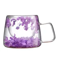 Cană cu flori uscate, pereți dubli, sticlă borosilicată, izolare termică, hortensie, 180 ml