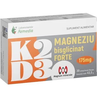 K2+D3+Magneziu Bisglicinat Forte 175mg 30cpr
