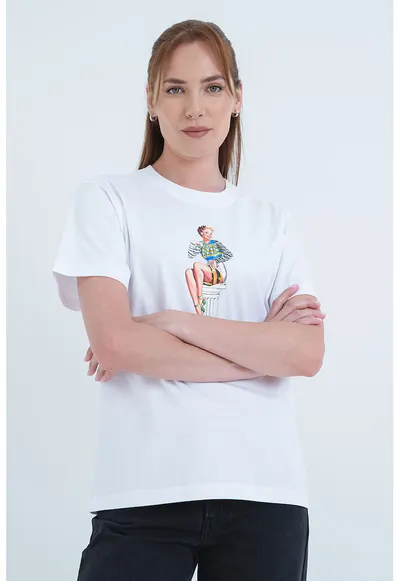 Tricou din bumbac cu imprimeu grafic - Alb optic/Albastru