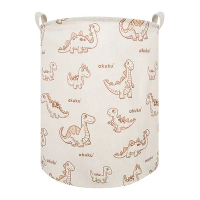 Cos pliabil textil Akuku Dino pentru jucariihaine cu manere practice,interior impermeabil,dimensiune 37x43 cm,supraimprimare cu desene