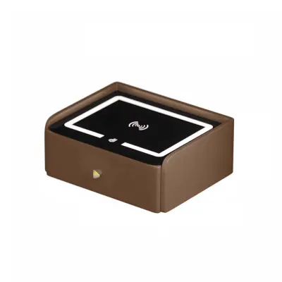 Noptiera inteligenta cu incarcare wireless, iluminare LED, 1 sertar de depozitare, port USB si port Type-C, difuzor Bluetooth de 10W &ndash; maro, design modern din sticla si lemn