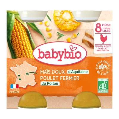 Piure de porumb dulce si pui Bio, 2 x 200g, BabyBio
