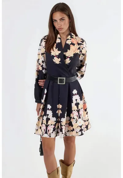 Rochie mini - imprimeu floral - decolteu in V - multicolor - poliester/lycra