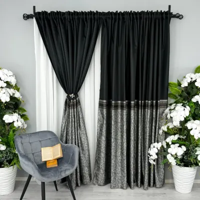 Set 2 Draperii Simplicity, Satinata, Texturata, Negru cu Gri, 140cm latime x 260cm inaltime, cu tiv lat pt bara