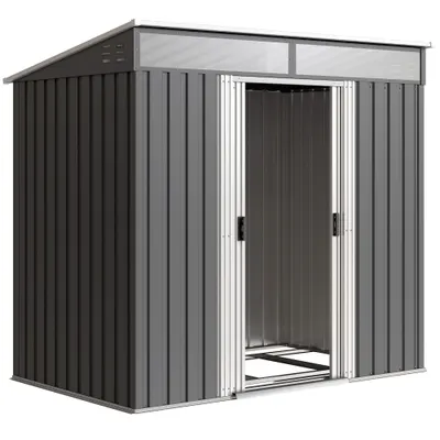 Outsunny Magazie 6,5 x 4 FT din metal galvanizat cu fundatie pentru gradina, Depozit cu incuietoare pentru unelte, Gri