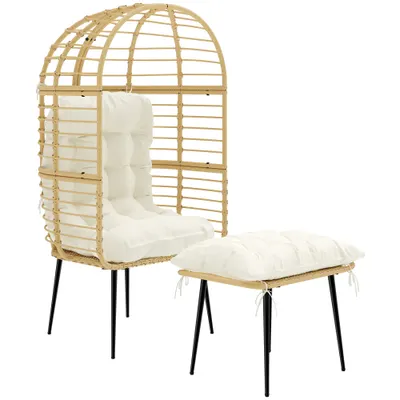 Outsunny Fotoliu de grădină cu taburet PE-Rattan, fotoliu în formă de ou cu perne lungi & groase, cadru metalic Bej | Aosom Romania