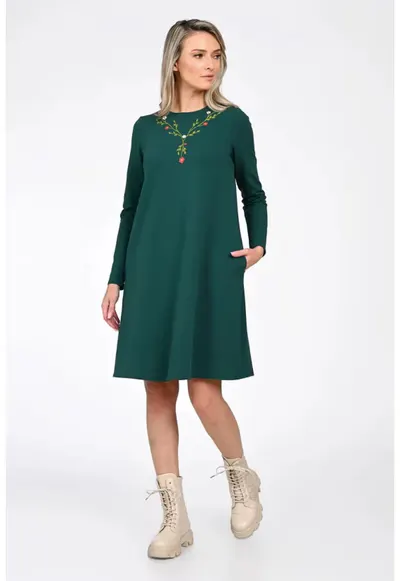 Rochie Dama - A-Line - cu Pictura Realizata Manual - Verde