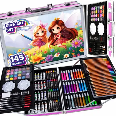Set de pictura si desen NewEvo pentru copii, 145 de piese, Creioane colorate, Creioane cerate, Markere, Vopsele, Radiera si multe alte accesorii