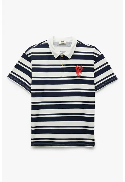 Tricou polo cu dungi si broderie - Alb/Negru
