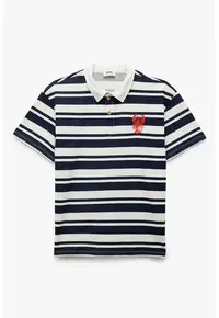 Tricou polo cu dungi si broderie - Alb/Negru