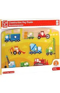 Puzzle din lemn cu butoni: Autovehicule de constructie