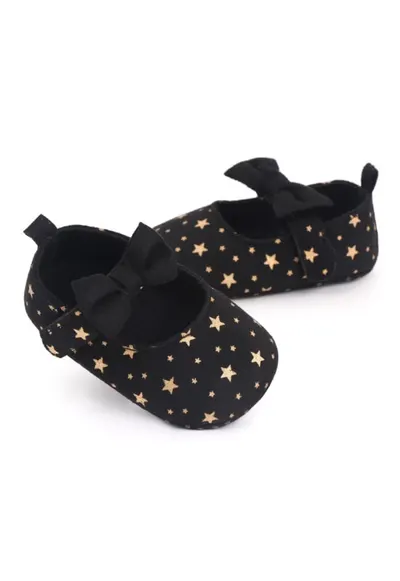Pantofi Cu Stelute Aurii Si Fundita - Casual - Textil - Fete - Velcro - Negru