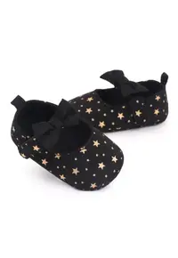 Pantofi Cu Stelute Aurii Si Fundita - Casual - Textil - Fete - Velcro - Negru