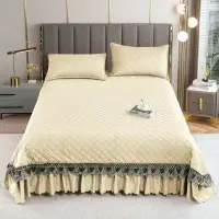 Cuvertura pat dublu, 3 piese, Catifea Matlasata cu Broderie, Crem