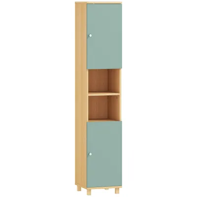 HOMCOM Mobilier de baie corp de depozitare 2 dulapuri 2 compartimente deschise rafturi reglabile 30 x 30 x 166 cm, verde | Aosom Romania