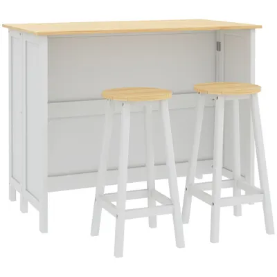 HOMCOM, Insulă de bucătărie cu 2 taburete, blat de lucru rabatabil, 2 dulapuri cu 4 uși, design modern, alb | Aosom Romania