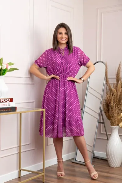 Rochie retro Krista cu buline albe si maneci bufante - Fuchsia