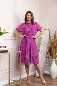 Rochie retro Krista cu buline albe si maneci bufante - Fuchsia