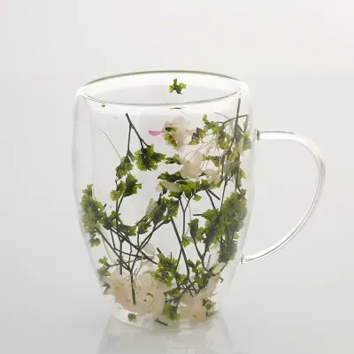Cana din sticla transparenta cu perete dublu si decor floral verde 350 ml