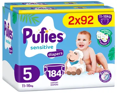 Scutece pentru bebeluși Pufies Sensitive - Junior, mărimea 5, 184 buc, 11-16 kg, Mega Pack 2