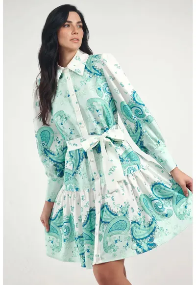 Rochie Mini - maneci lungi - verde - poliester - bumbac - lycra