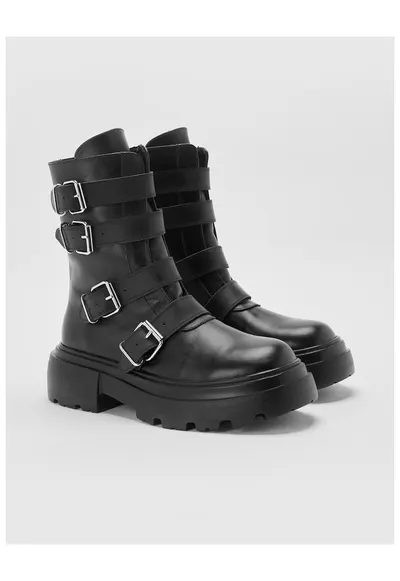 Ghete din piele cu catarame decorative Pure - Negru
