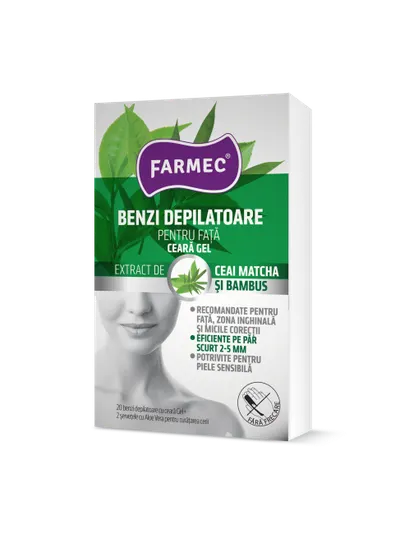 Benzi depilatoare pentru fata cu ceara gel, 20 bucati + 2 servetele, Farmec