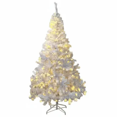 Brad alb artificial iluminat, 195 cm, 360 led-uri alb cald, 936 ramuri dense, suport metalic