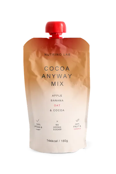 Piure pasteurizat din fructe cu mere si banane cu adaos de ovaz si pudra de cacao, 180g, Nutrino Lab