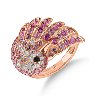 Inel lebada din aur roz cu diamante negre si incolore de 0.3ct si safire roz de 1.2ct
